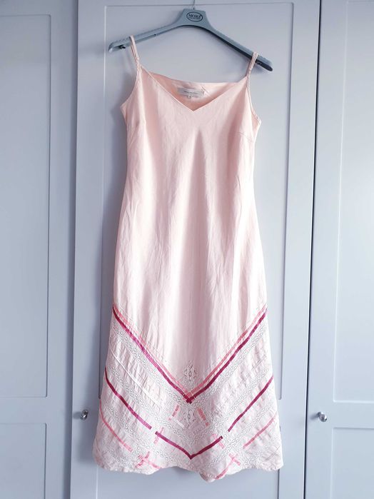 Sukienka pudrowy róż lniana Rocha John Rocha 38 40  len haftowana