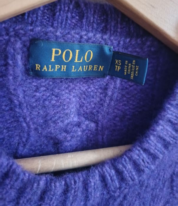 Sweter wełniany wool kaszmir fioletowy  warkocz Polo Ralph Lauren 34