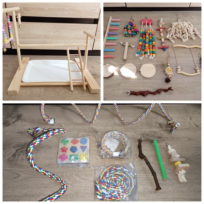 Stojak + akcesoria dla papugi duży zestaw.