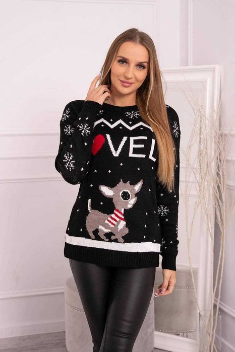 Sweter świąteczny z reniferem czarny uniwersalny prezent Mikołaj