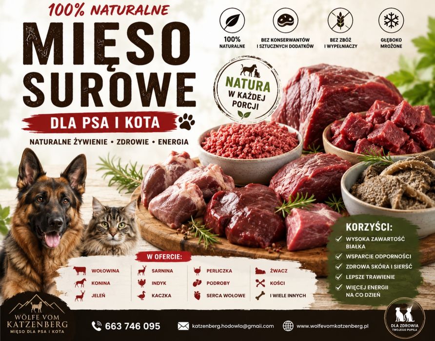 Mięso surowe dla psa kota różne rodzaje op. 1kg wołowina sarna konina jeleń kaczka indyk perliczka kości surowe dostawa całą Polska