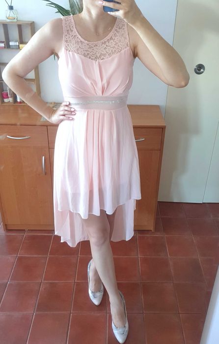 Sukienka pudrowy róż S 36 M 38 koronka urodziny sylwester