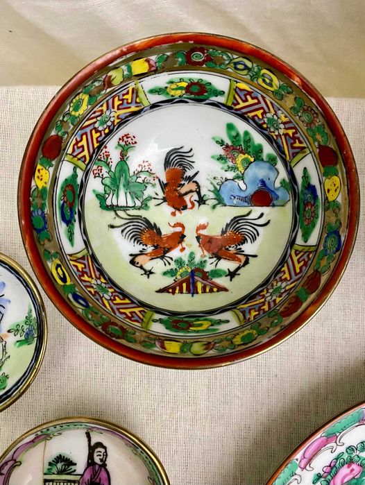 Lote Luxo Porcelana de Macau - Selo Qianlong - Pintado à Mão