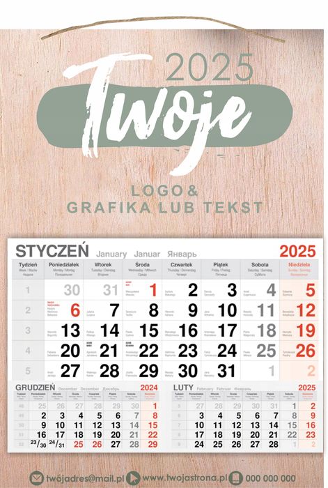 kalendarz 2025 jednodzielny drewniany firmowy twoje logo grafika napis