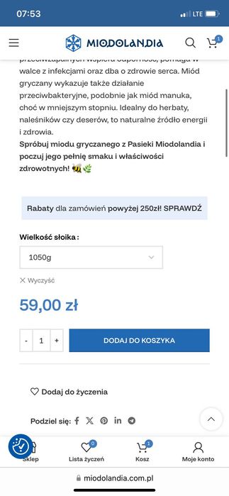 Miód gryczany Miodolandia 1050g