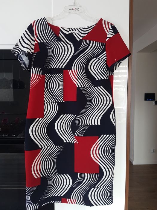 Sukienka exclusive 44 jak nowa granatowy czerwony święta jesień biały