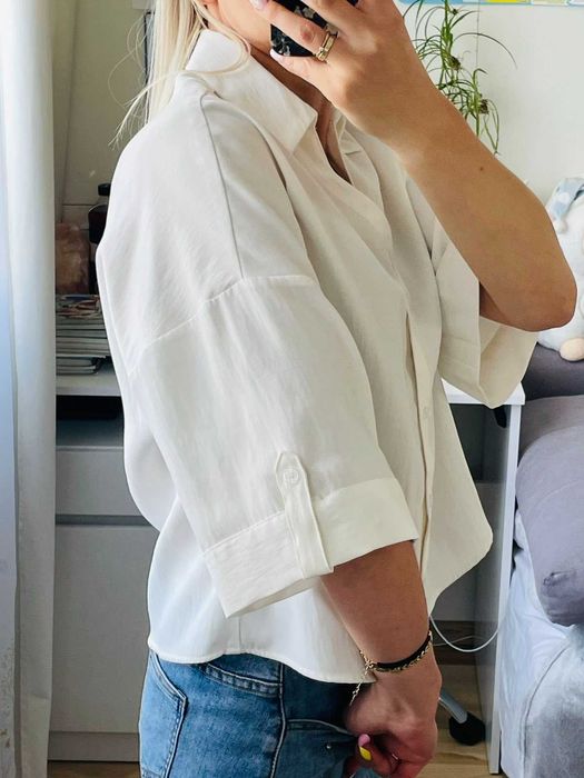 Zara koszula damska wiskozowa ecru XS S M oversize krótki rękaw minimalistyczna basic