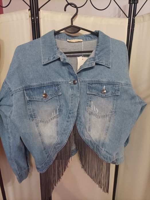 Kurtka blue jeansowa oversize frędzle