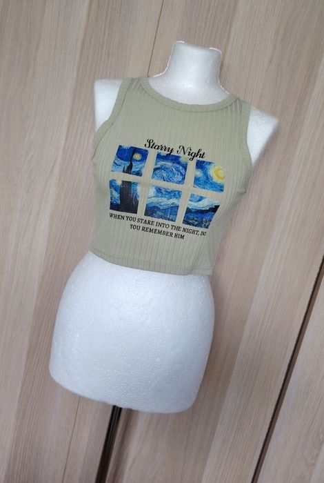 Pistacjowy prążkowany crop top grafika XS/S