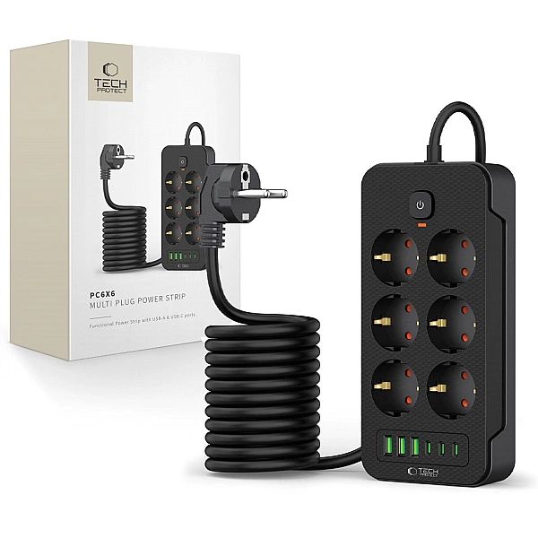 Tech-Protect Pc6X6 Power Strip 3 Usb & 3 Type-C & 6 Socket 200Cm Black