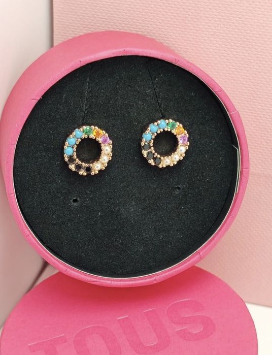 Kolczyki z misiem różowe srebro vermeil 925 z kolorowymi kamieniami