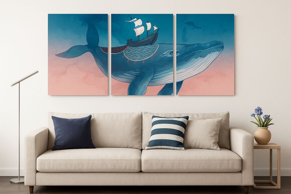 Quadros Decorativos Oceano | Baleia Veleiro | 3 Painéis 40x40 | Novos