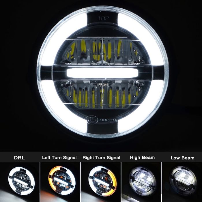 Farol Frontal LED 7 Pol com Piscas e Halo para Moto Cafe Racer