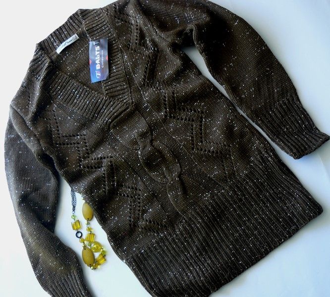DALYS sweter brąz tunika srebrna nitka splot ażur warkocz S