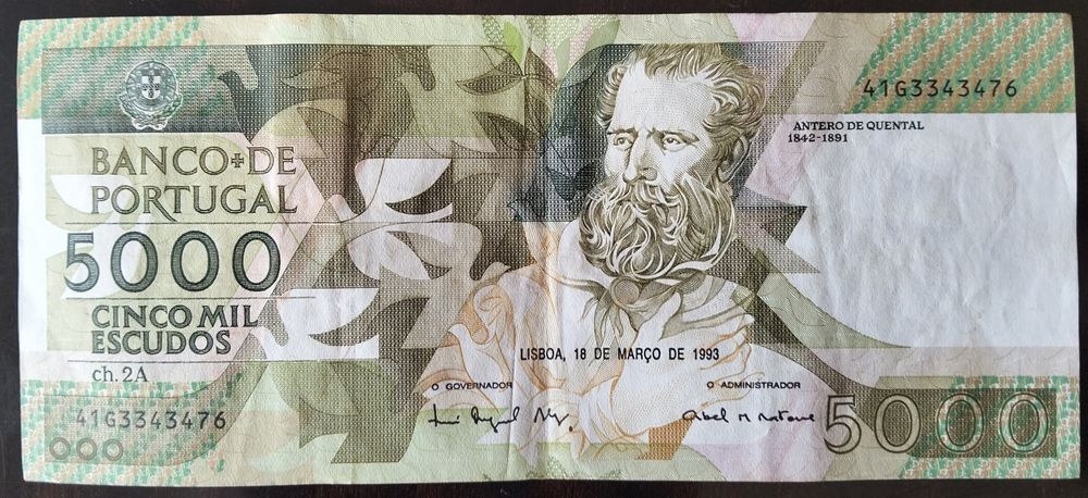 Lote 8 Notas 5000$ 1987/1989/1991/1993 Antero Quental Excelente Estado