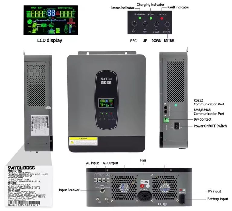 Гибридный солнечный инвертор 3000Вт./24В."DATOUBOSS"DT2430.
