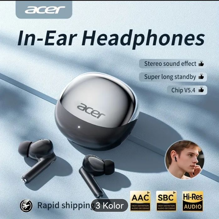 Słuchawki bezprzewodowe Acer In-Ear-TWS, super efekt stereo, 2 kolory.