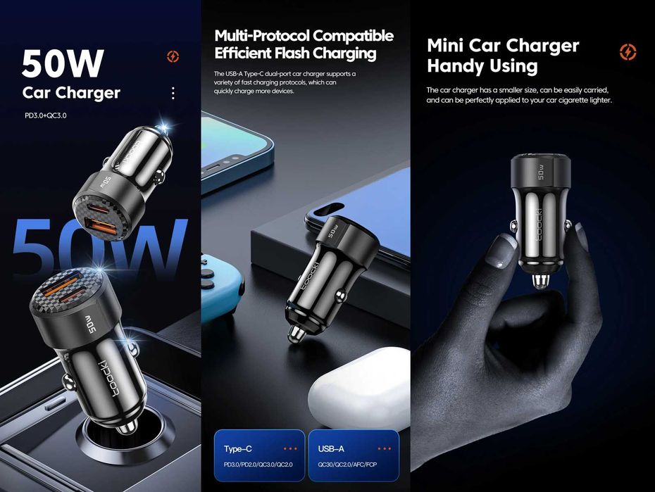 Автомобільні зарядні пристрої TOOCKI 33W/45W/48W/50W/65W