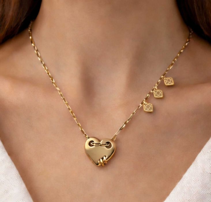 Złota Celebrytka Stal Chirurgiczna 316L Łańcuszek Serduszko Diamencik