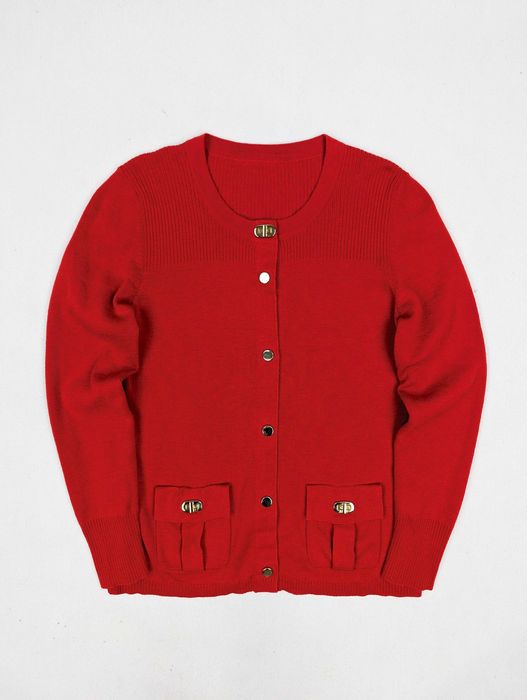 Vintage czerwony sweter ze złotymi guzikami M 100% wełna