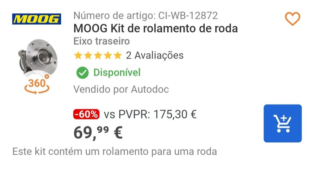 Rolamento de Roda MOOG (NOVO) Peugeot 308 SW Citroen Opel