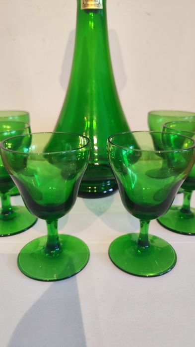Egermann karafka i 6 kieliszków, szkło zielone, Czechy