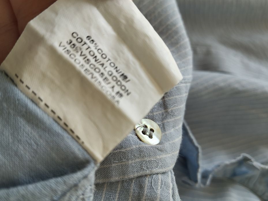 Wiosenna koszula, lekko taliowana, błękitna w prążki, falbanki, bawełn