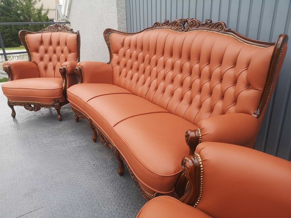 Cudowny komplet po renowacji! Koniakowa skóra! Sofa i dwa fotele!