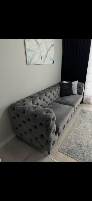 Sofa welurowa CHESTERFIELD na wymiar | szara | premium | stan bardzo dobry