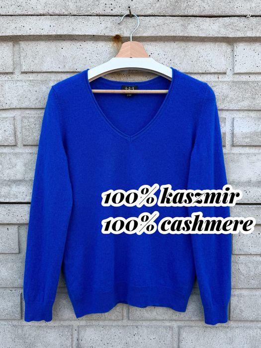 Niebieski kobaltowy kaszmirowy sweter w serek, 100% kaszmir, rozmiar M