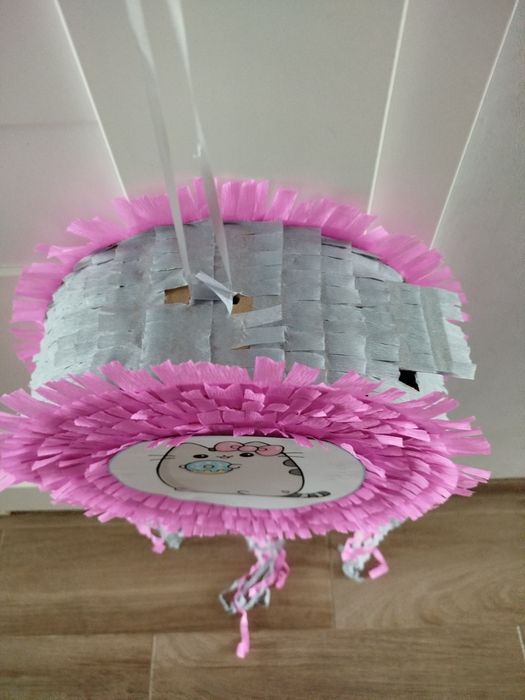 Piniata Kot Pusheen różowo szara plus tasiemki