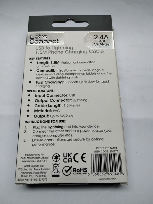 Cabo (Uk) 1,5m iPhone iPad iPod 2.4 novo