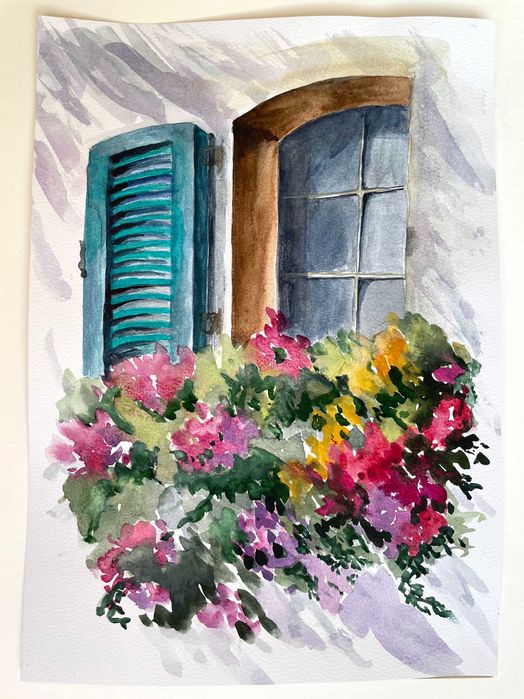 ,, Pelargonie w oknie".   Format A4 - akwarela ręcznie malowana.