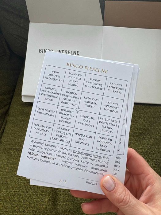 Bingo weselne - zestaw 110 sztuk plus pudełko - atrakcja weselna