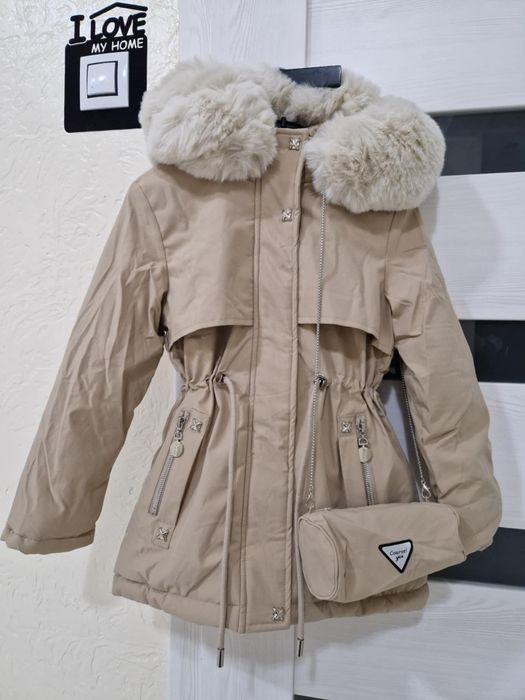Nowa ocieplana beżowa kurtka zimowa parka r. 128