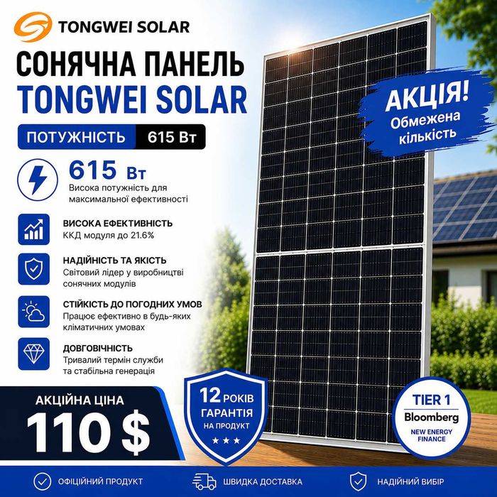 Сонячні панелі Tongwei Solar 615W Bifacial | Склад Кременчук |
