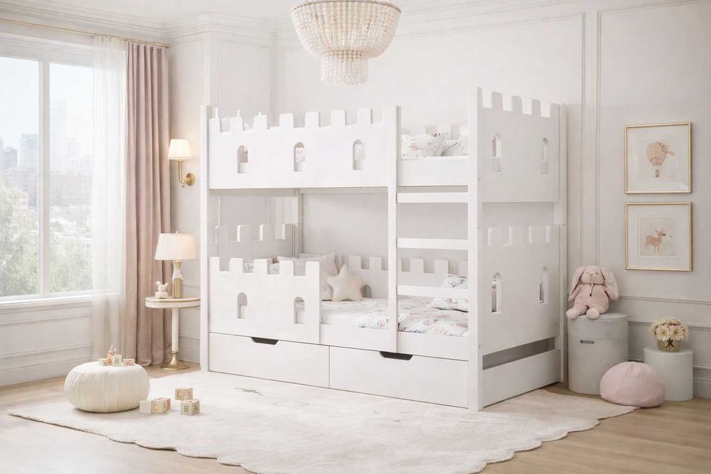 Łóżko piętrowe dla dzieci ZAMEK dwuosobowe, materace 160x75  180x75