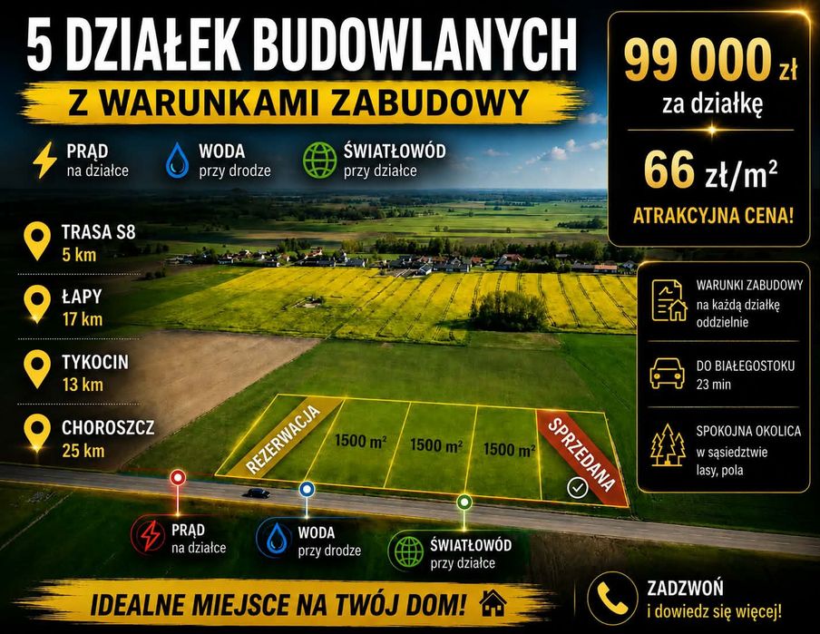 Działki z Warunkami zabudowy przy trasie S8   /   20 min. Do Białegostoku   /  1500 m ²  / 1 km od  Parku Narwiańskiego
