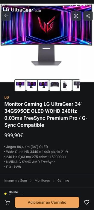 Monitor Curvo LG UltraGear 34GS95QE OLED 34" UWQHD 21:9 240Hz FreeSync