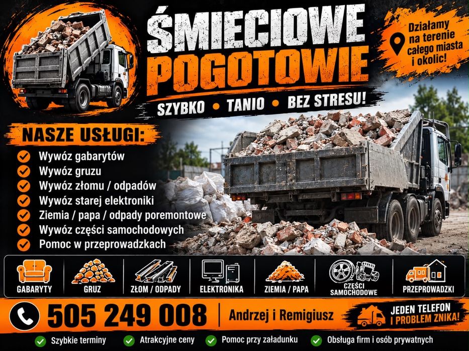 Wywóz gruzu | Gabaryty | Opróżnianie mieszkań | Śmieciowe Pogotowie | Szybki odbiór 505 249 008