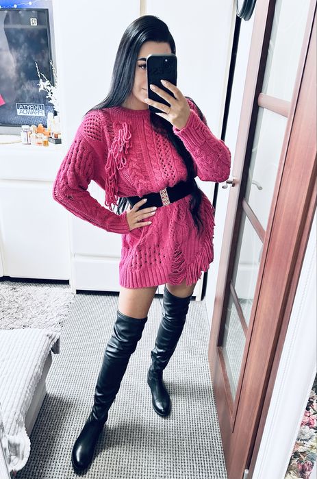 Sukienka sweterkowa oversize fuksja S M L frędzle