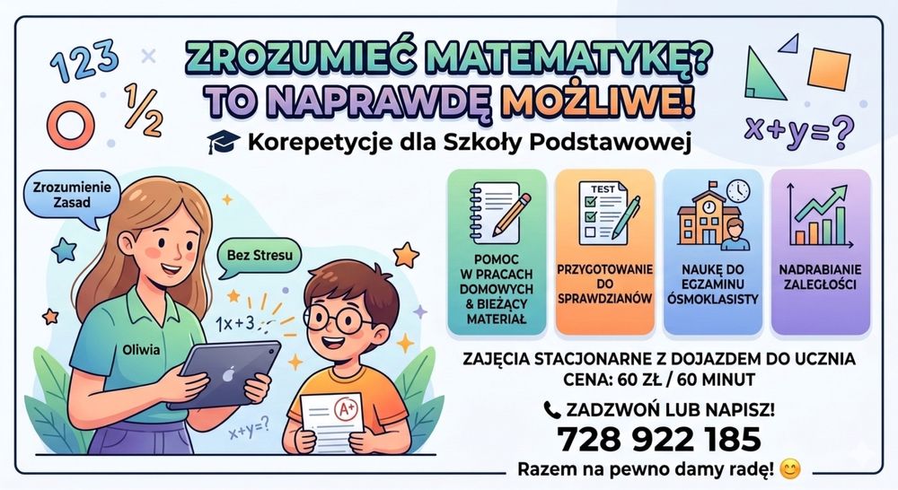 Korepetycje dla uczniów szkoły podstawowej  z dojazdem do ucznia