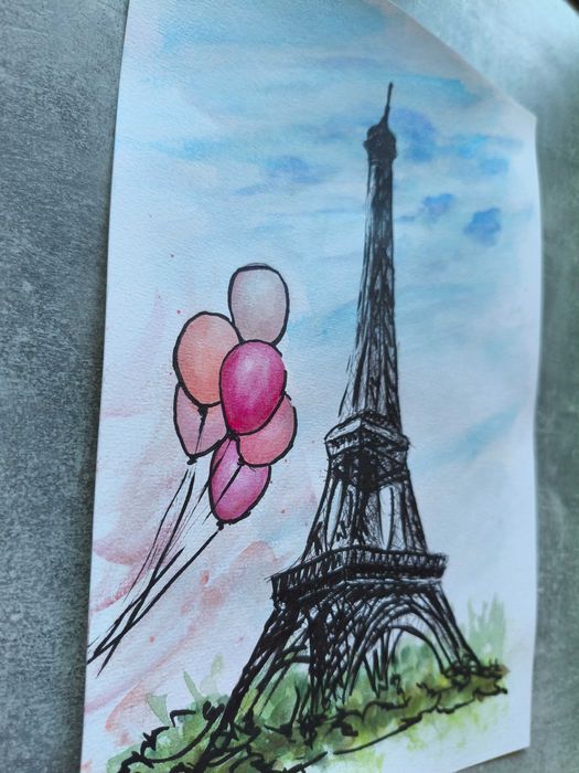Paryż Francja wieża Eifela miasta akwarela obraz pejzaż miejski 21x30