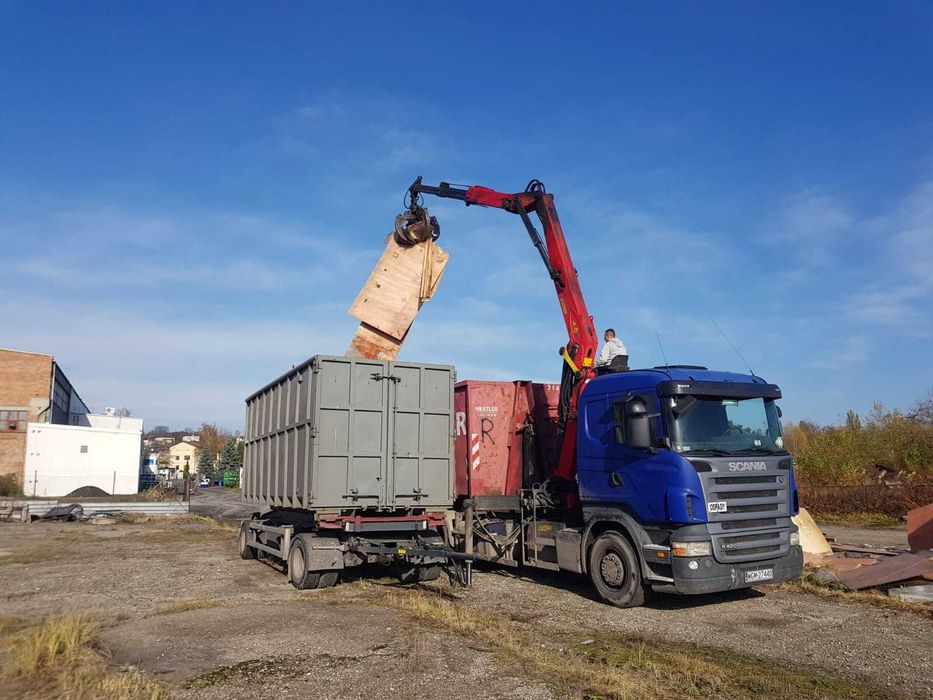 Transport złomu hakowiec z przyczepą HDS przewóz kontenerów Utylizacja