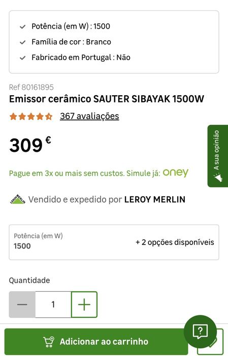 Emissor cerâmico SAUTER SIBAYAK 1500W