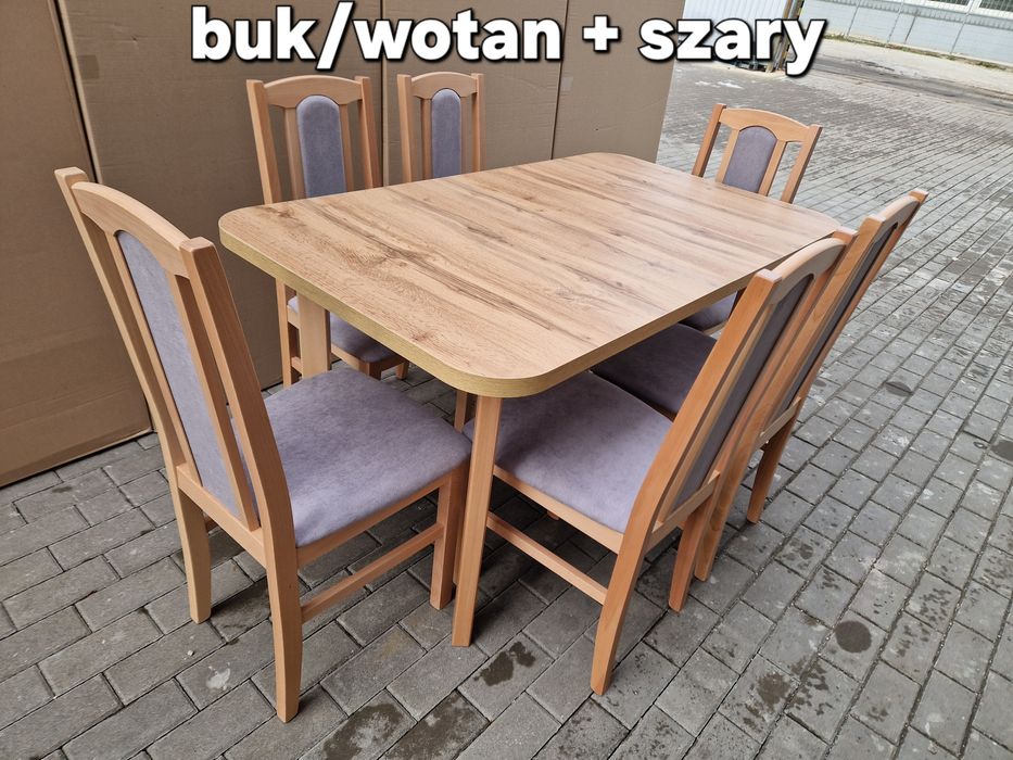 Stół 80x140/180 + 6 krzeseł, Nowe,  buk/wotan + szary, dostawa PL