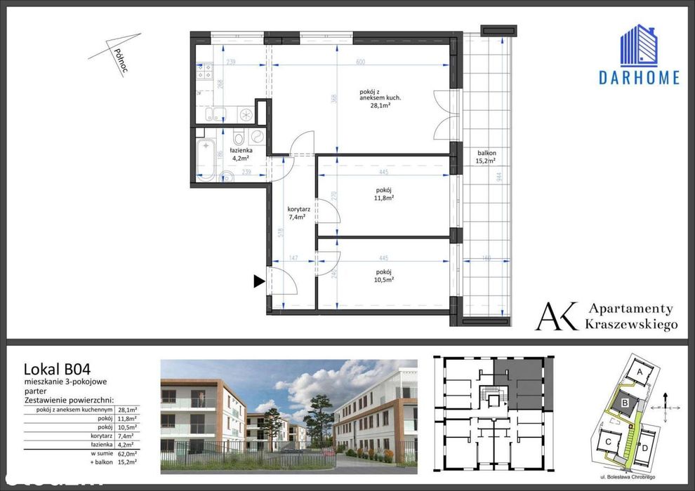 3-pokojowe mieszkanie 62m2 + balkon Bezpośrednio