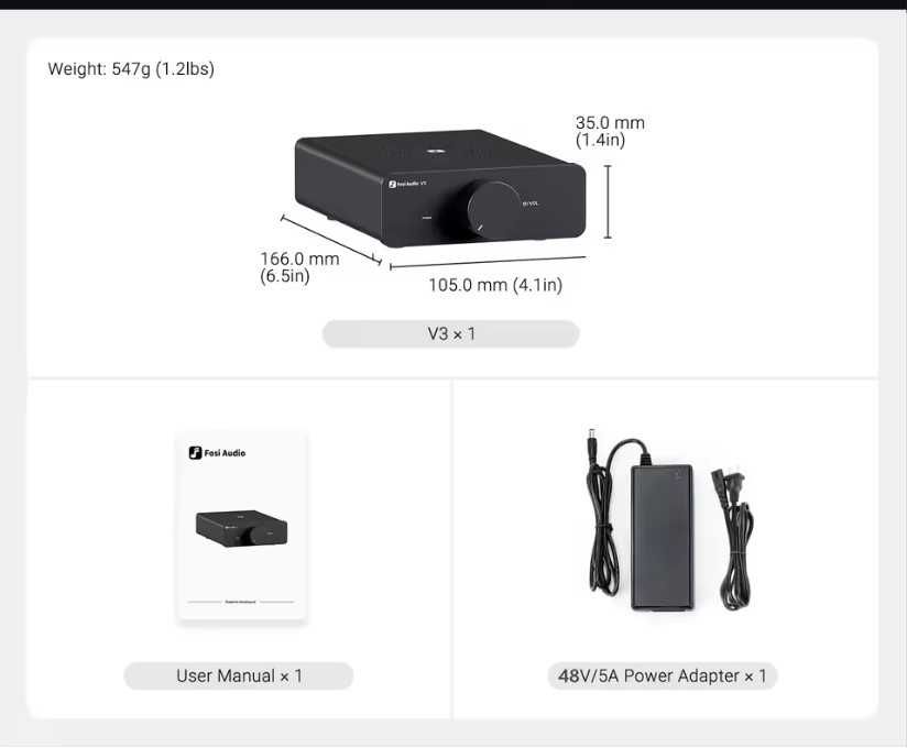 Стерео підсилювач звуку Fosi Audio V3 300W *2 TPA3255 + БЖ48V5A D-клас