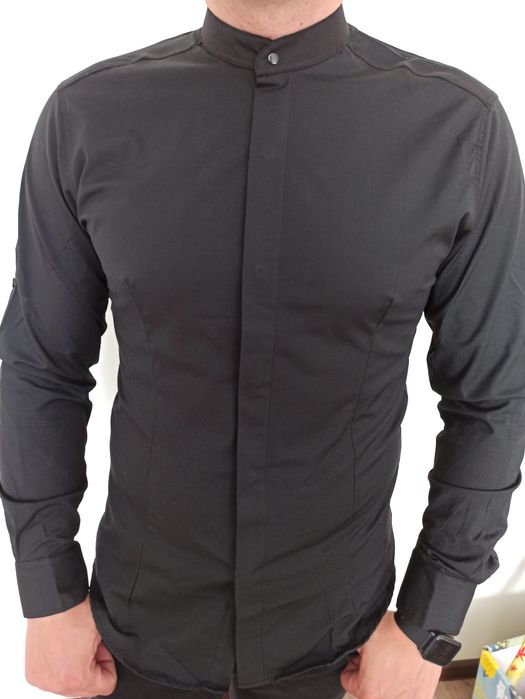 Чоловіча сорочка стійка чорна приталенна мужская рубашка стойка рукав