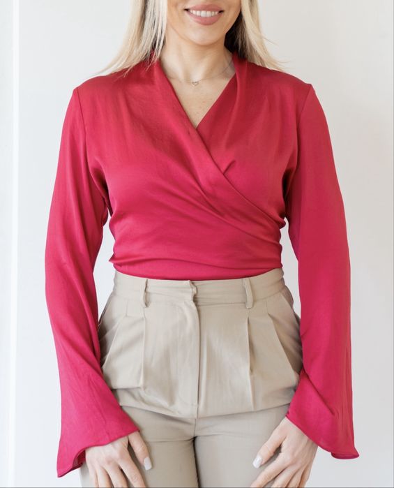 Bluzka Mango M ciemnoróżowa elegancka lejąca rękawy dzwonki